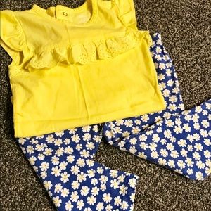 Yellow onesie with lace detail & floral navy pants